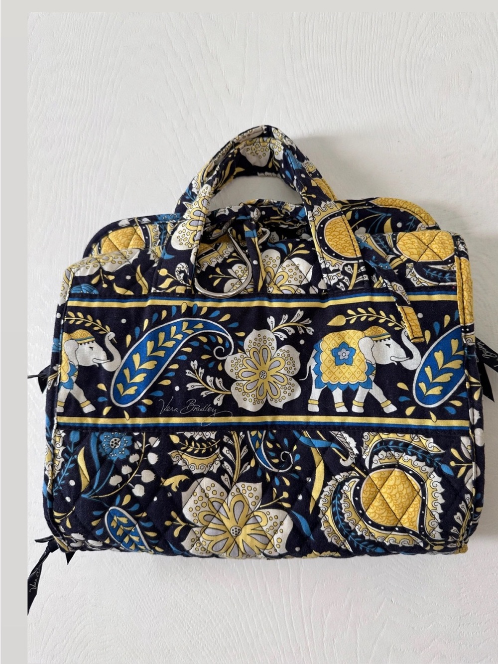Vera Bradley Navy Yellow Paisley Elephant Quilted Cosmetic Toiletries Tote